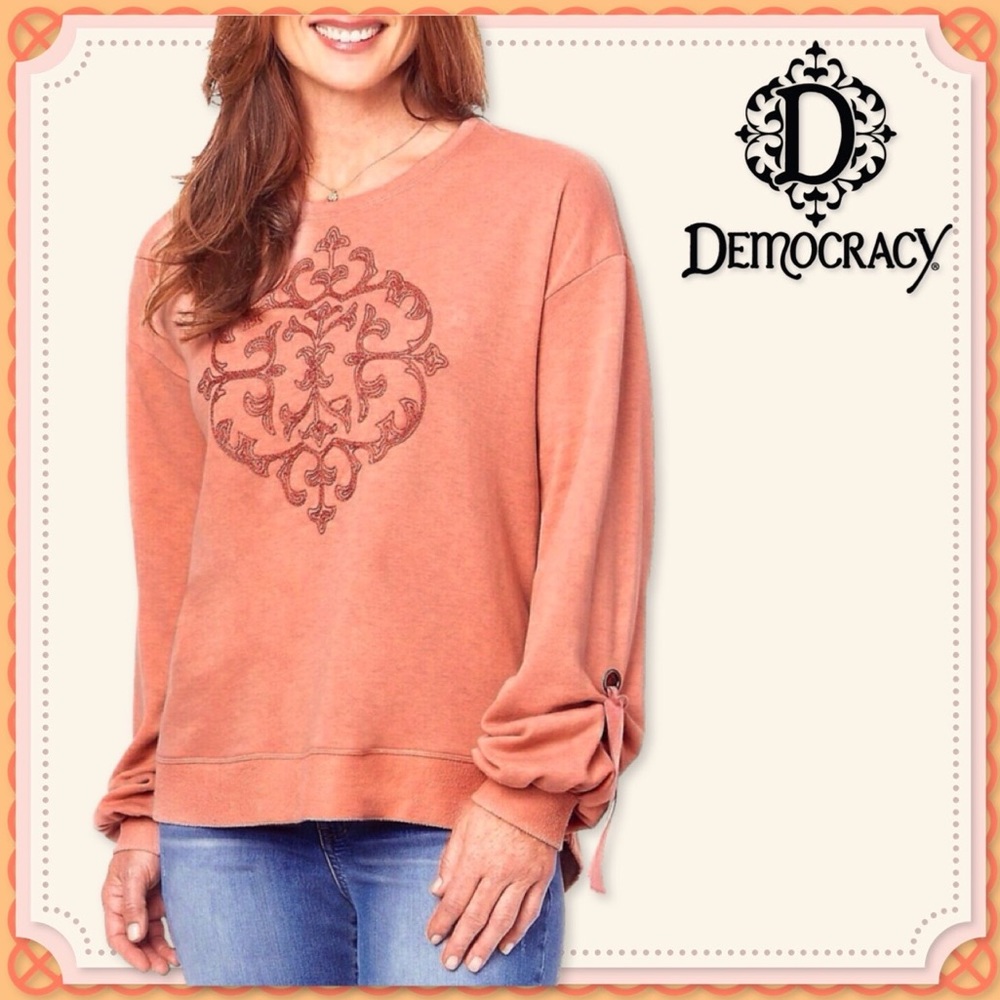 🆕 Embroidered Salmon Peach DEMOCRACY Bow Tie Grommet Flounce Sleeve Tunic NWT